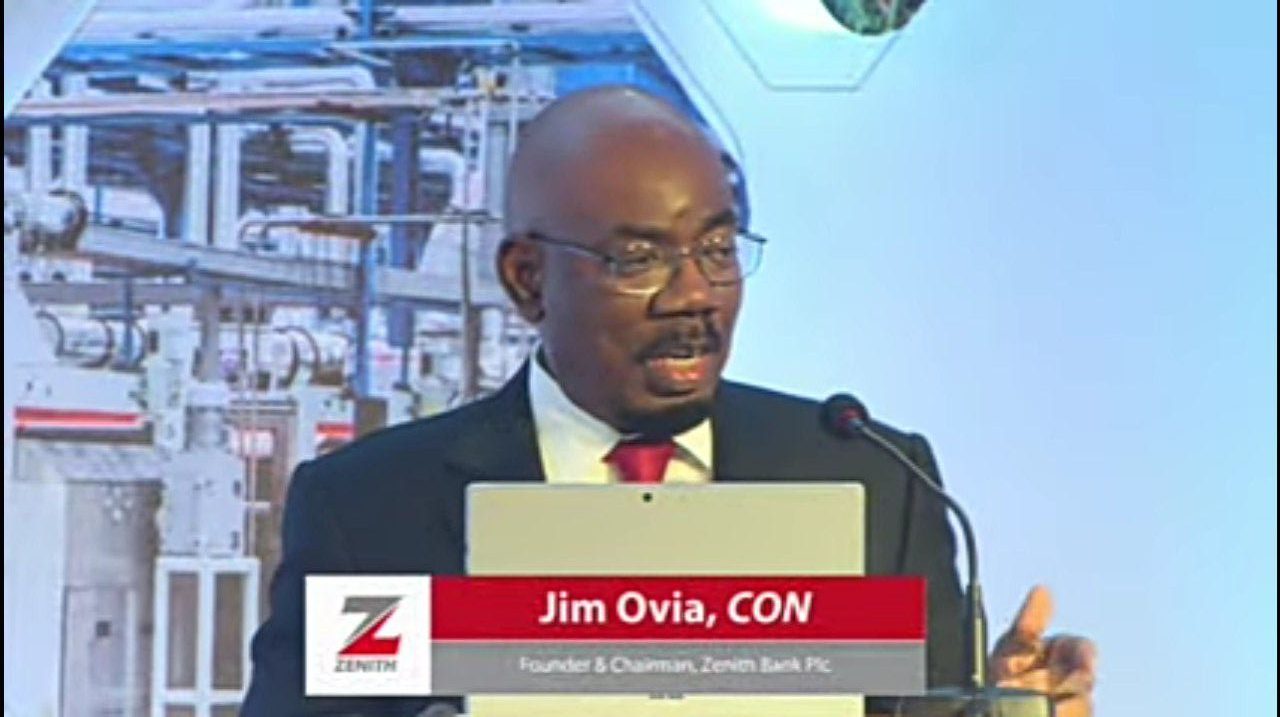 Jim Ovia, the Founder and Chairman, Zenith Bank Plc giving his goodwill message at the Zenith Bank International Trade Seminar